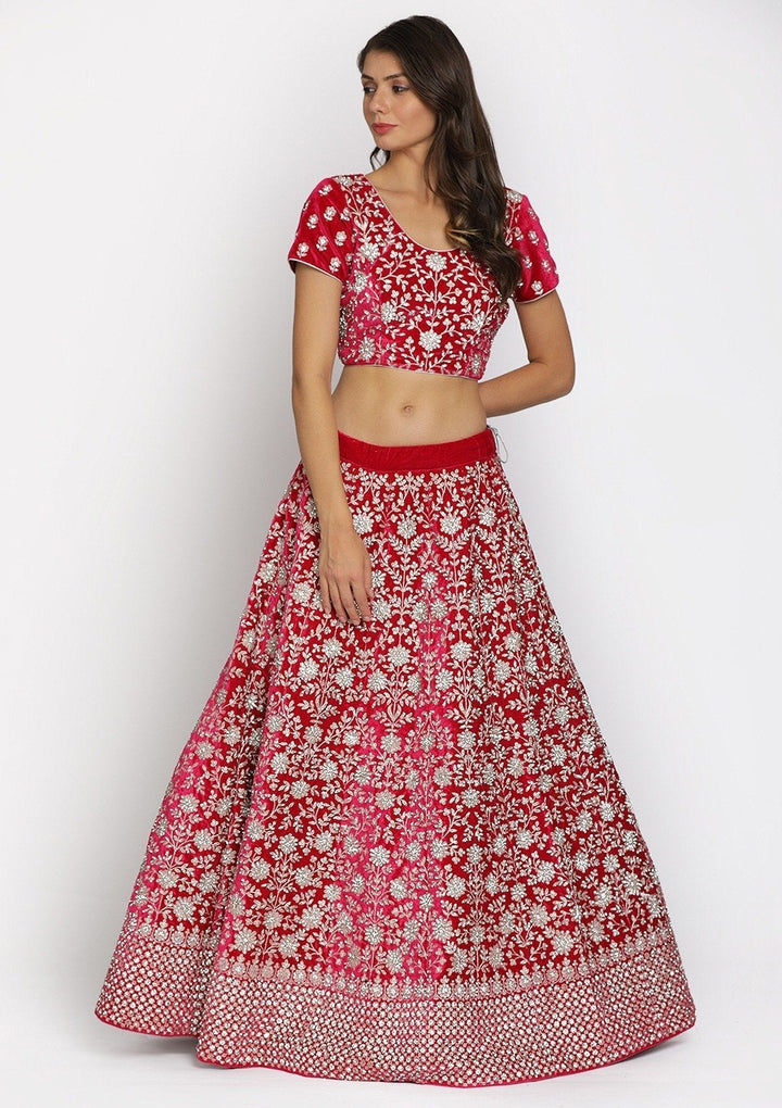 Rani Pink Silver Stonework Velvet Designer Semi-Stitched Lehenga - koskii