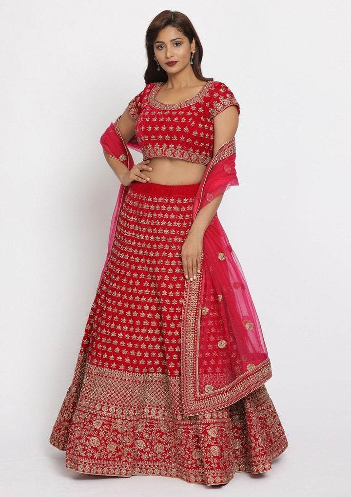 Rani Pink Stonework Velvet Designer Semi-Stitched Lehenga - koskii