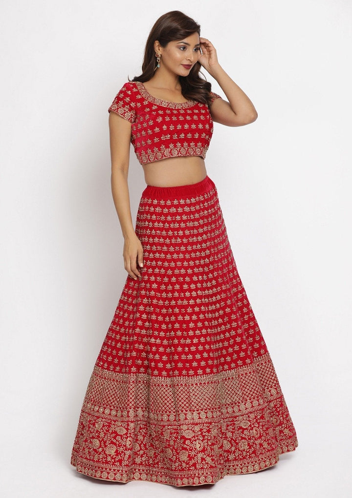 Rani Pink Stonework Velvet Designer Semi-Stitched Lehenga - koskii