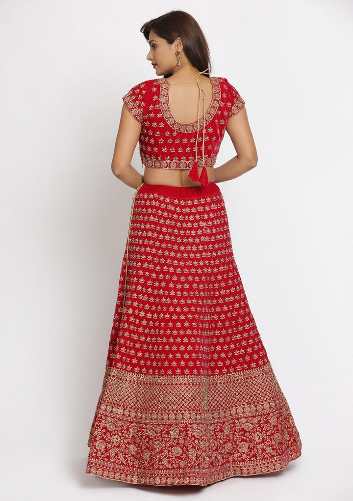 Rani Pink Stonework Velvet Designer Semi-Stitched Lehenga - koskii