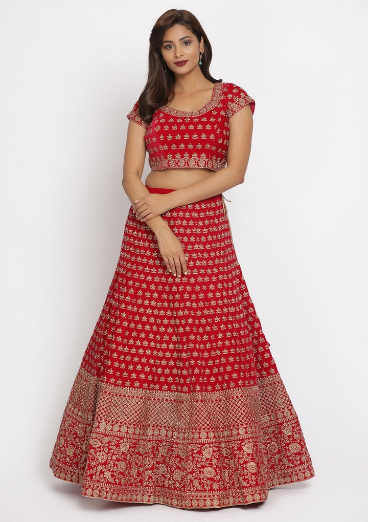 Rani Pink Stonework Velvet Designer Semi-Stitched Lehenga - koskii