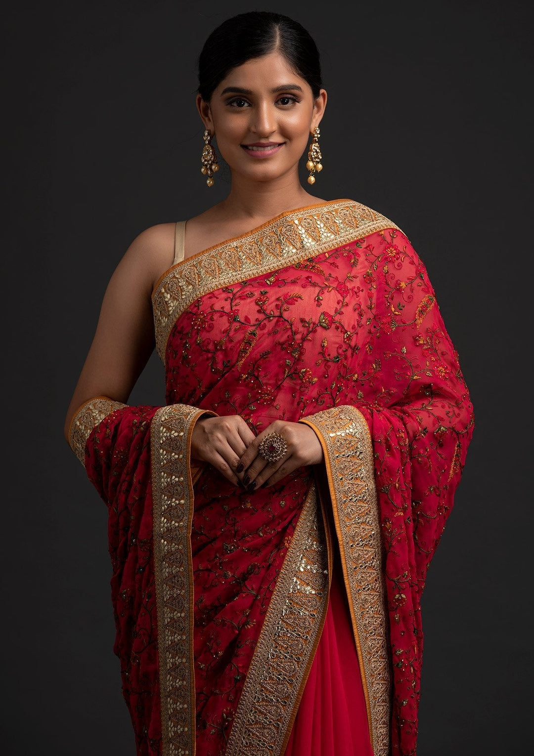 Rani Pink Threadwork Georgette Designer Saree - koskii