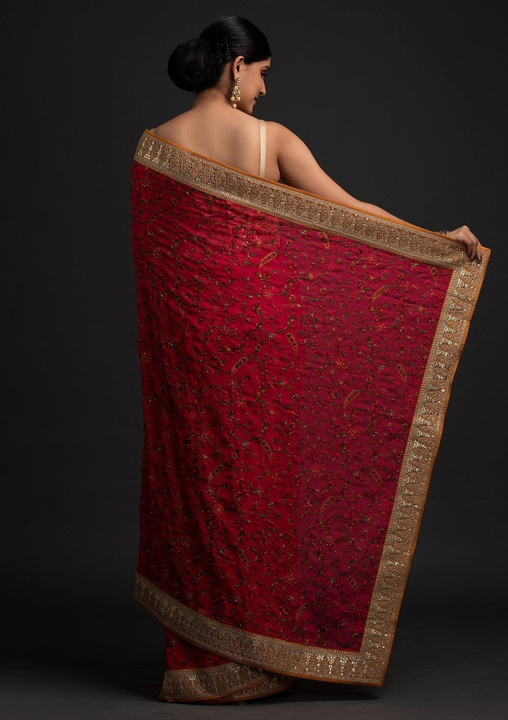 Rani Pink Threadwork Georgette Designer Saree - koskii