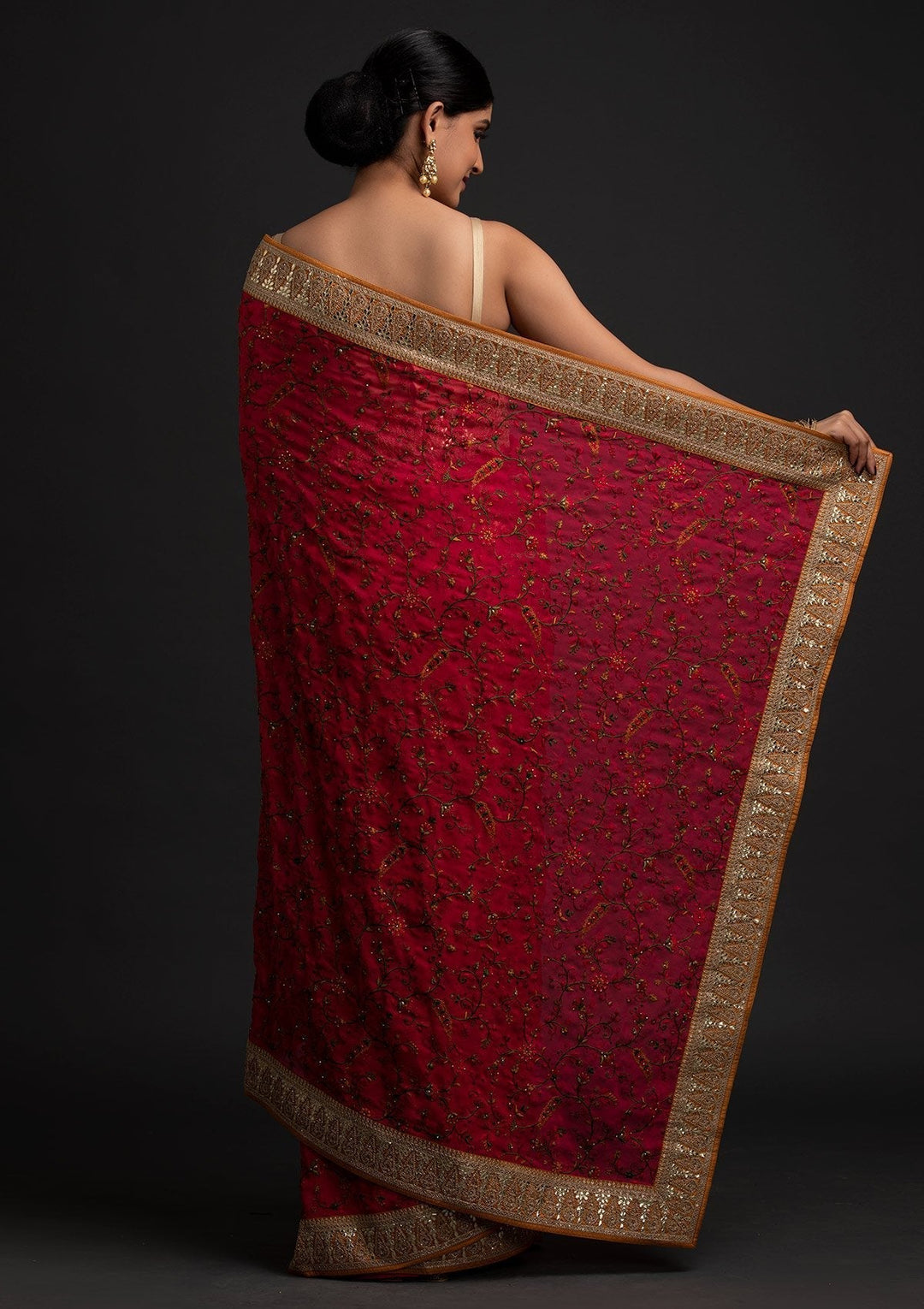 Rani Pink Threadwork Georgette Designer Saree - koskii