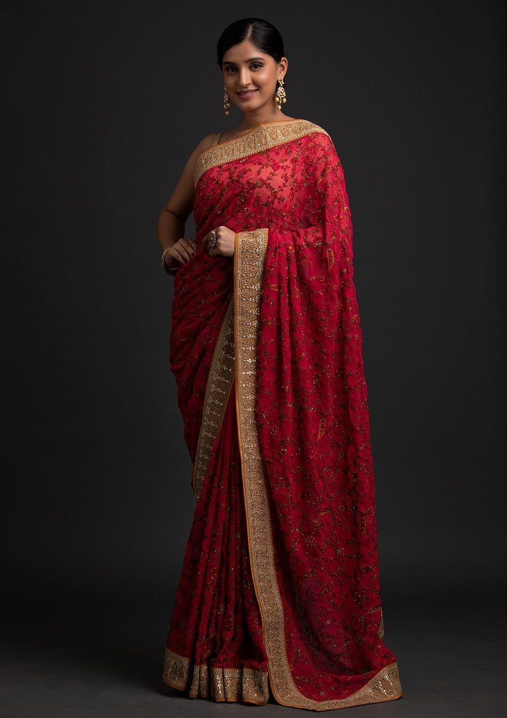 Rani Pink Threadwork Georgette Designer Saree - koskii