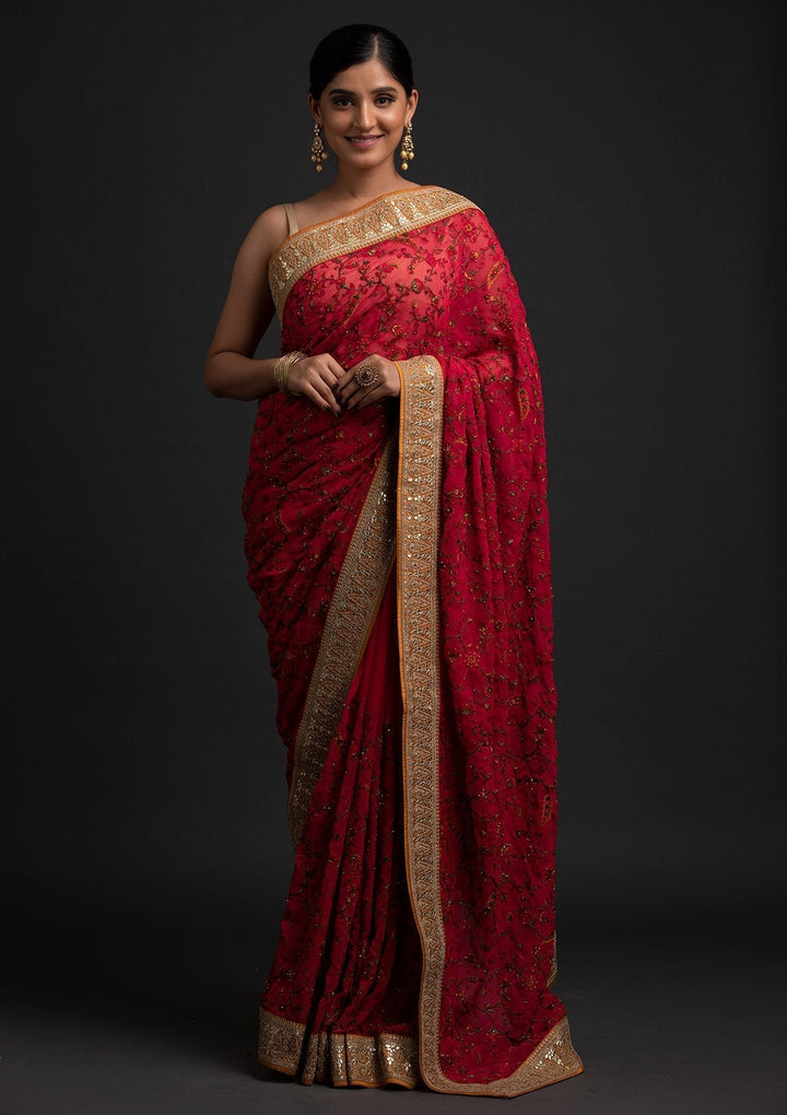 Rani Pink Threadwork Georgette Designer Saree - koskii