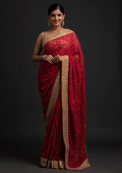 Rani Pink Threadwork Georgette Designer Saree - koskii