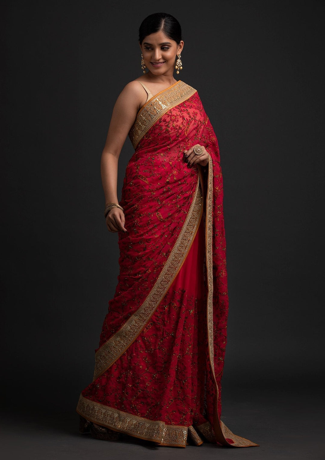 Rani Pink Threadwork Georgette Designer Saree - koskii