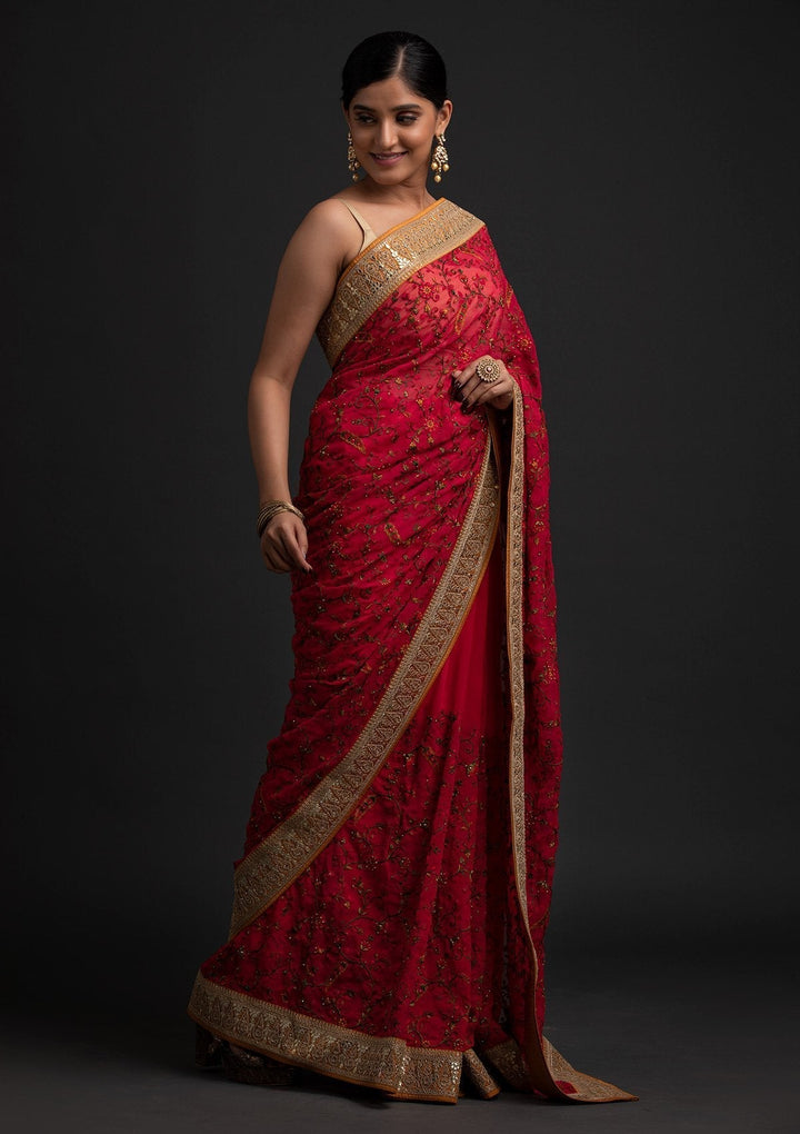Rani Pink Threadwork Georgette Designer Saree - koskii