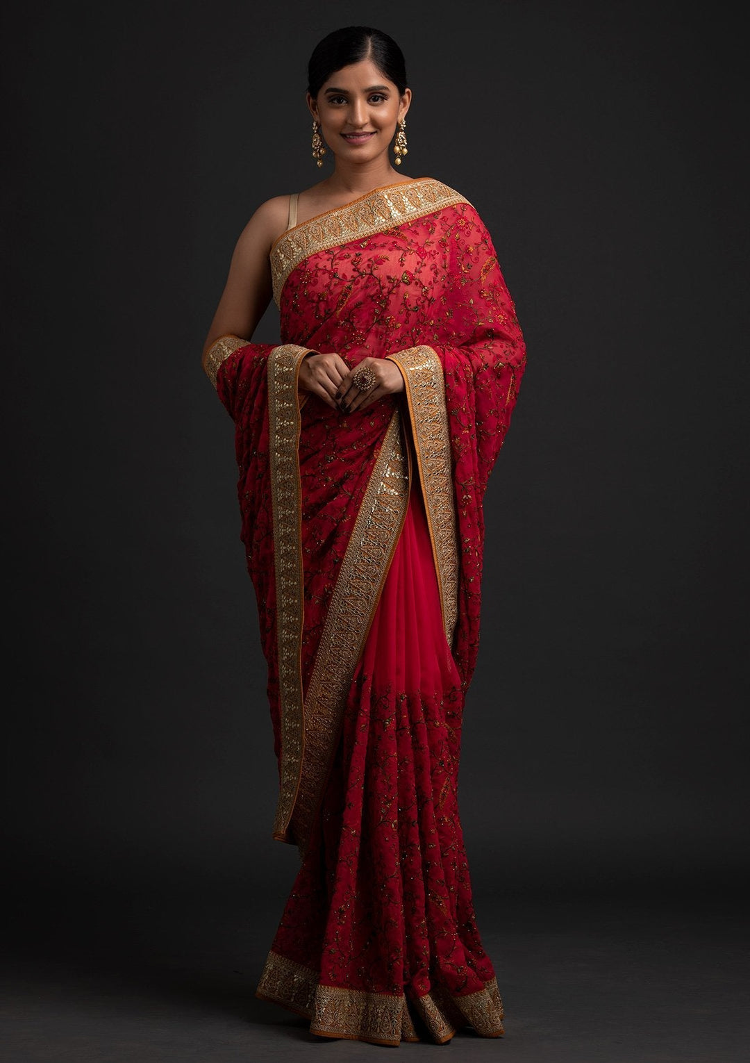 Rani Pink Threadwork Georgette Designer Saree - koskii