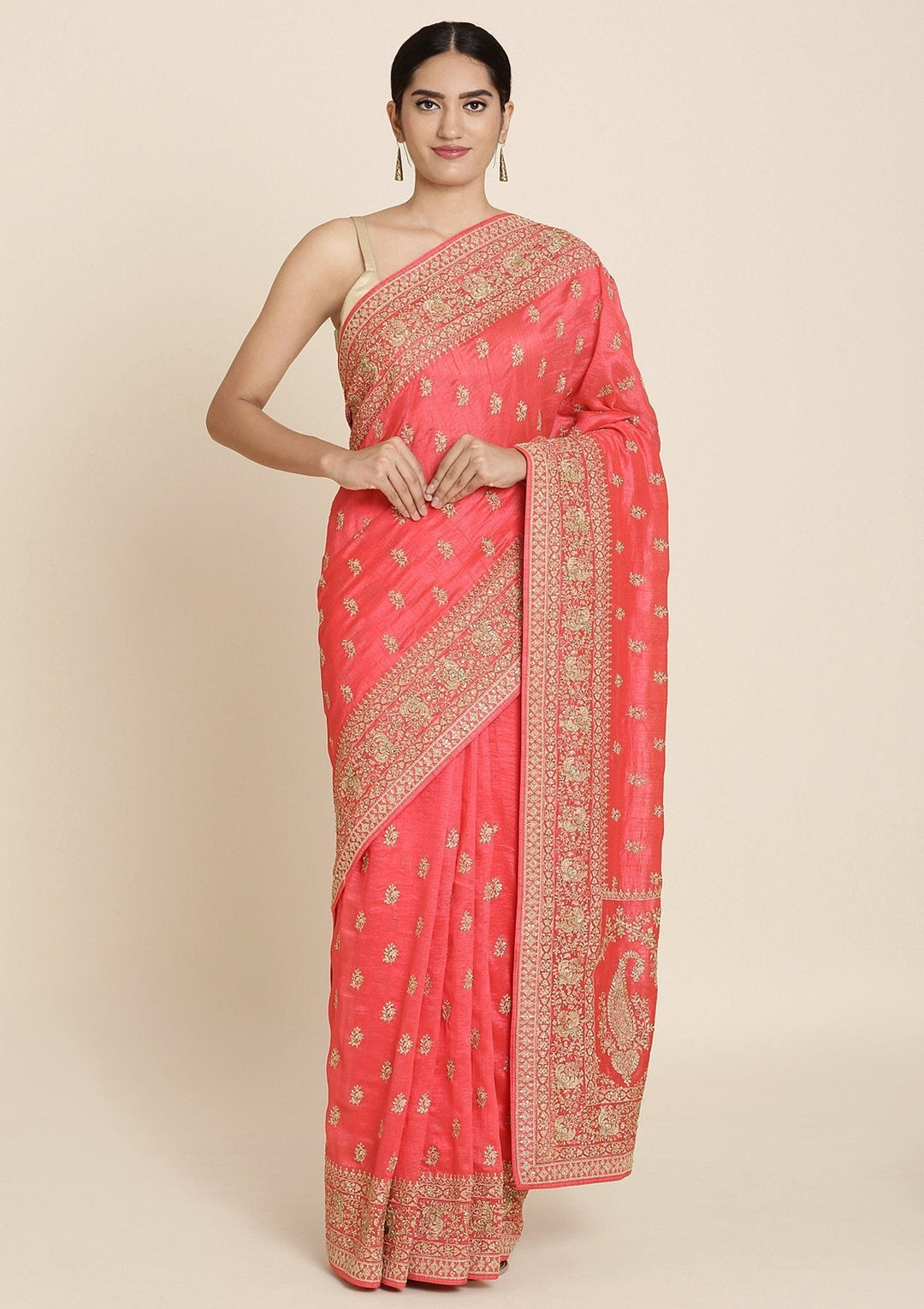 Rani Pink Zariwork Raw Silk Designer Saree - koskii