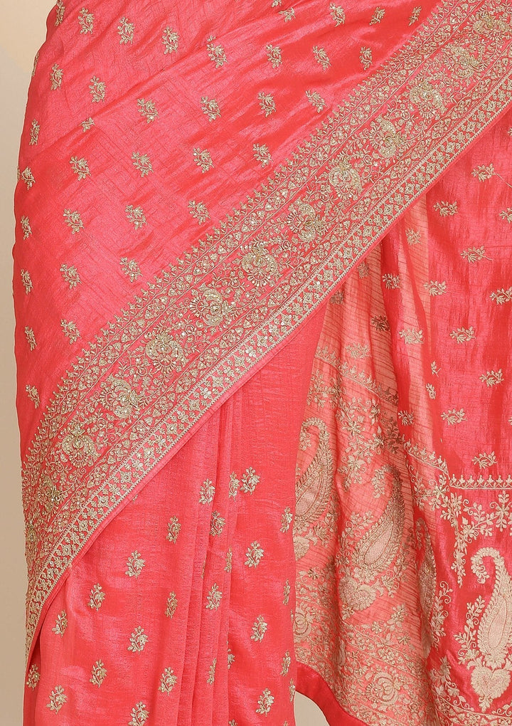 Rani Pink Zariwork Raw Silk Designer Saree - koskii