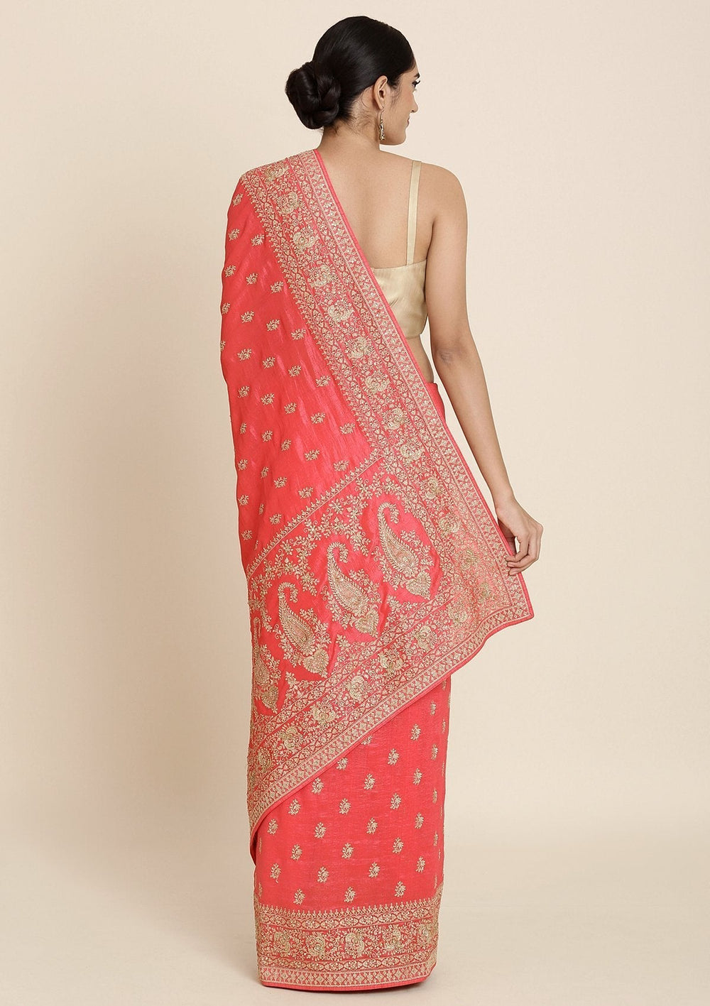 Rani Pink Zariwork Raw Silk Designer Saree - koskii