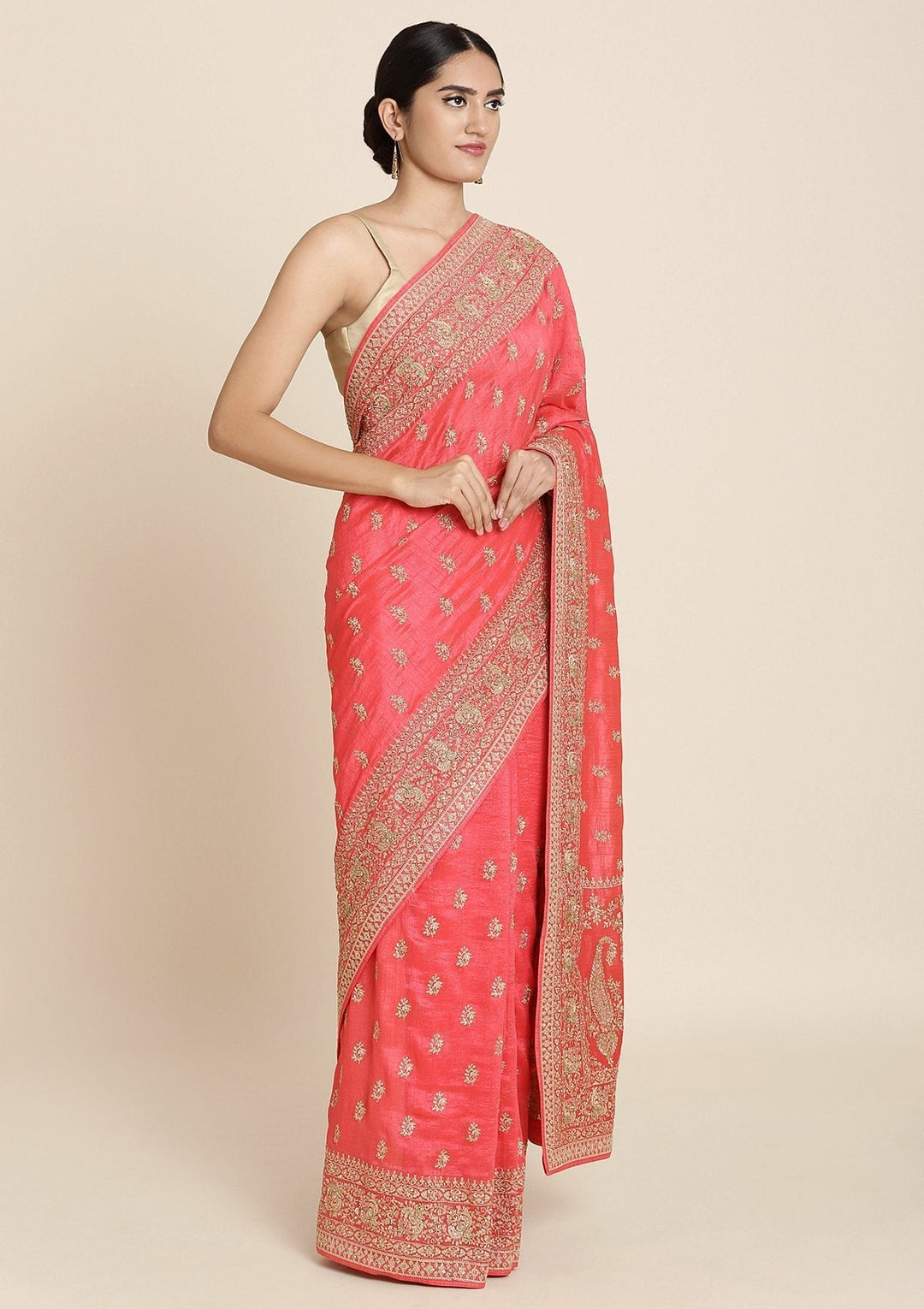 Rani Pink Zariwork Raw Silk Designer Saree - koskii