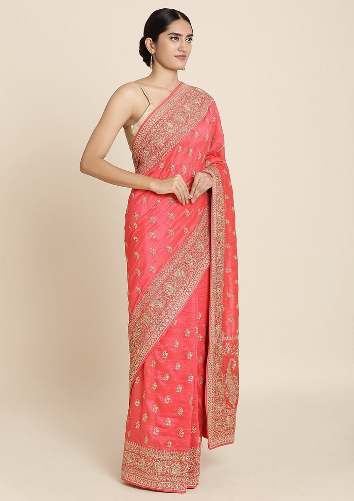 Rani Pink Zariwork Raw Silk Designer Saree - koskii