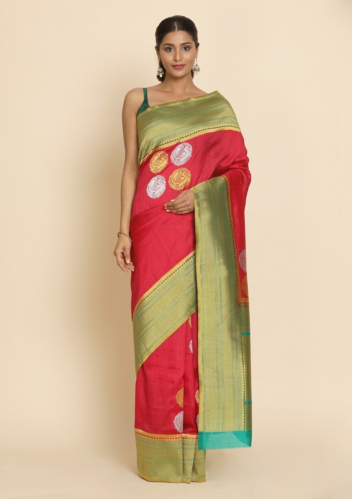 Rani Pink Zariwork Raw Silk Designer Saree - koskii