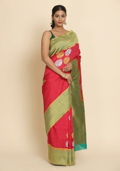 Rani Pink Zariwork Raw Silk Designer Saree - koskii