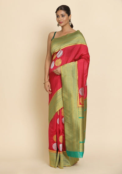 Rani Pink Zariwork Raw Silk Designer Saree - koskii