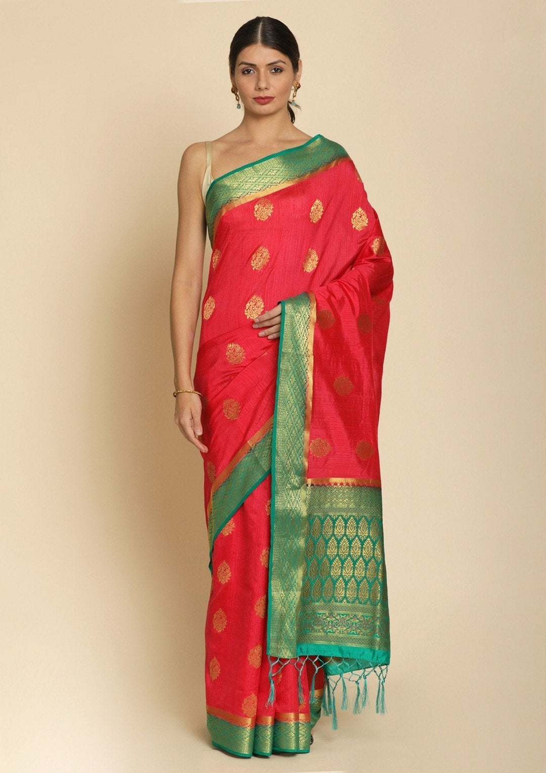 Rani Pink Zariwork Raw Silk Designer Saree - koskii