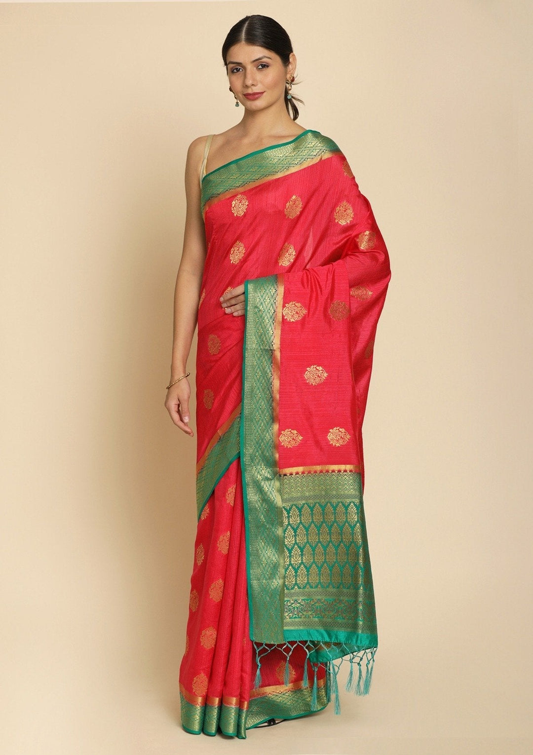 Rani Pink Zariwork Raw Silk Designer Saree - koskii