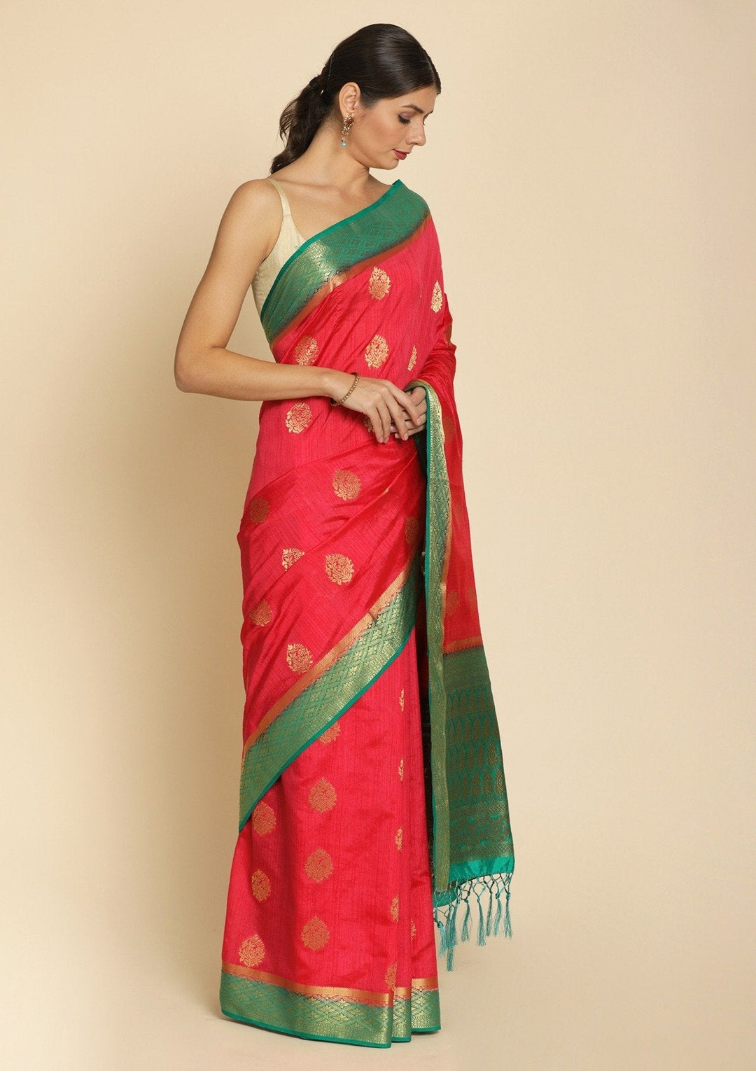 Rani Pink Zariwork Raw Silk Designer Saree - koskii