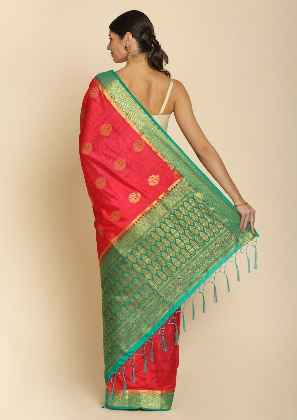 Rani Pink Zariwork Raw Silk Designer Saree - koskii