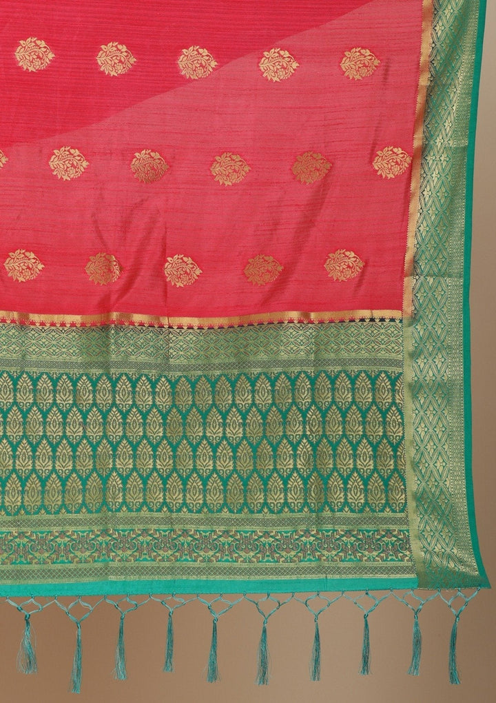 Rani Pink Zariwork Raw Silk Designer Saree - koskii