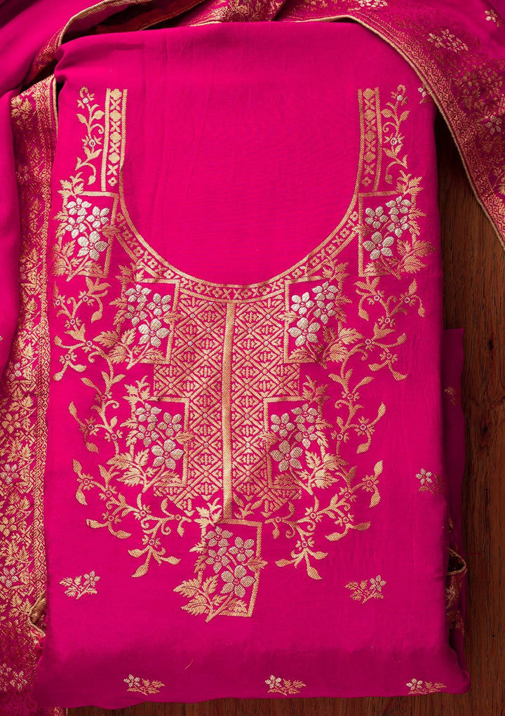 Rani Pink Zariwork Semi Crepe Designer Semi-Stitched Salwar Suit - koskii