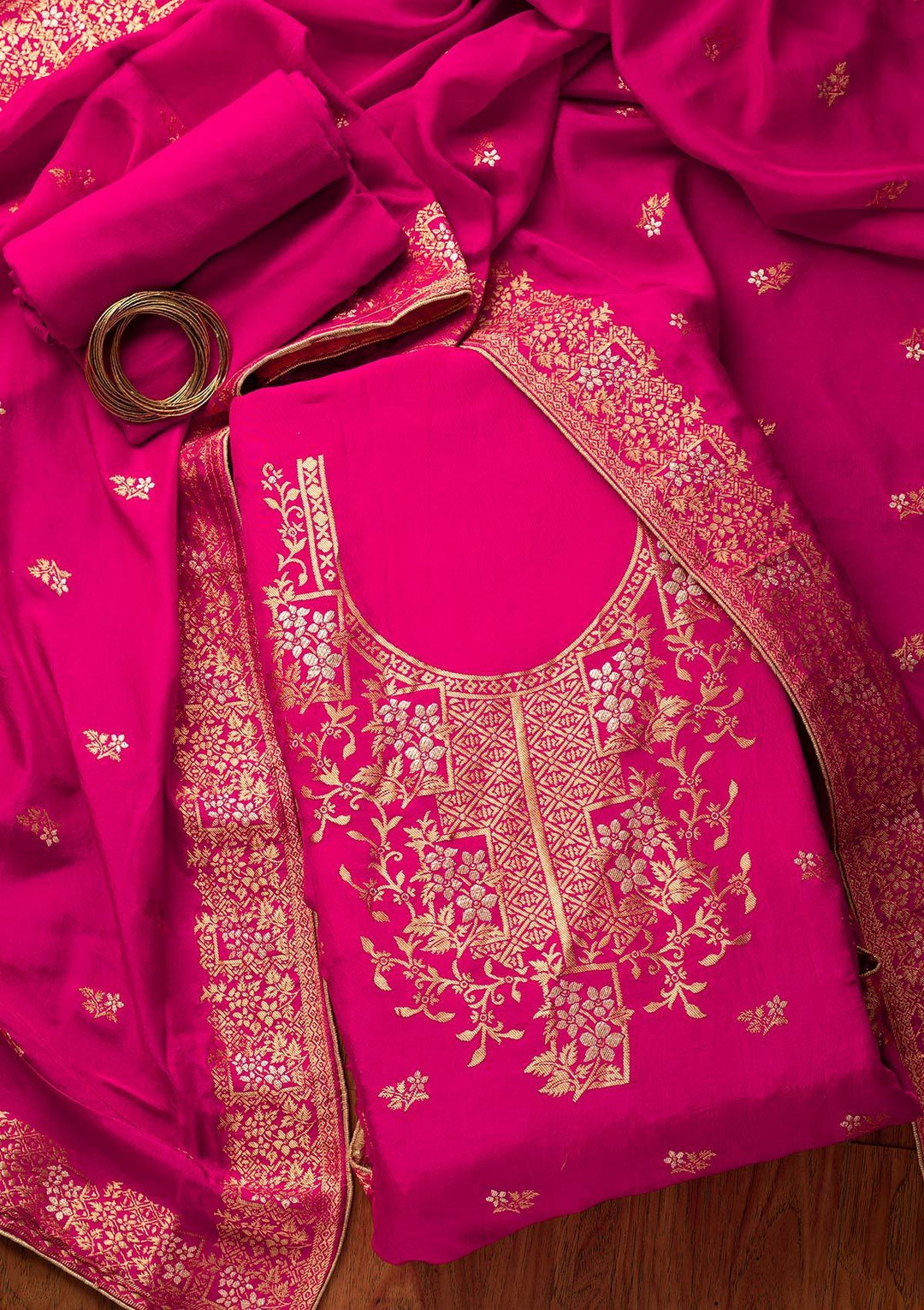 Rani Pink Zariwork Semi Crepe Designer Semi-Stitched Salwar Suit - koskii