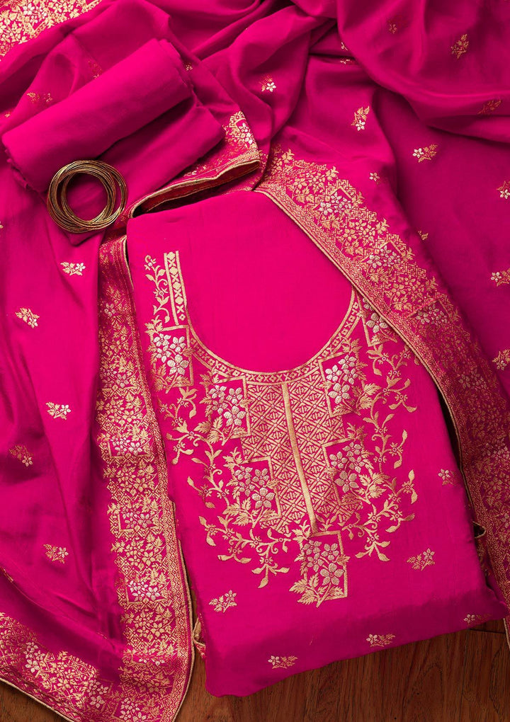 Rani Pink Zariwork Semi Crepe Designer Semi-Stitched Salwar Suit - koskii