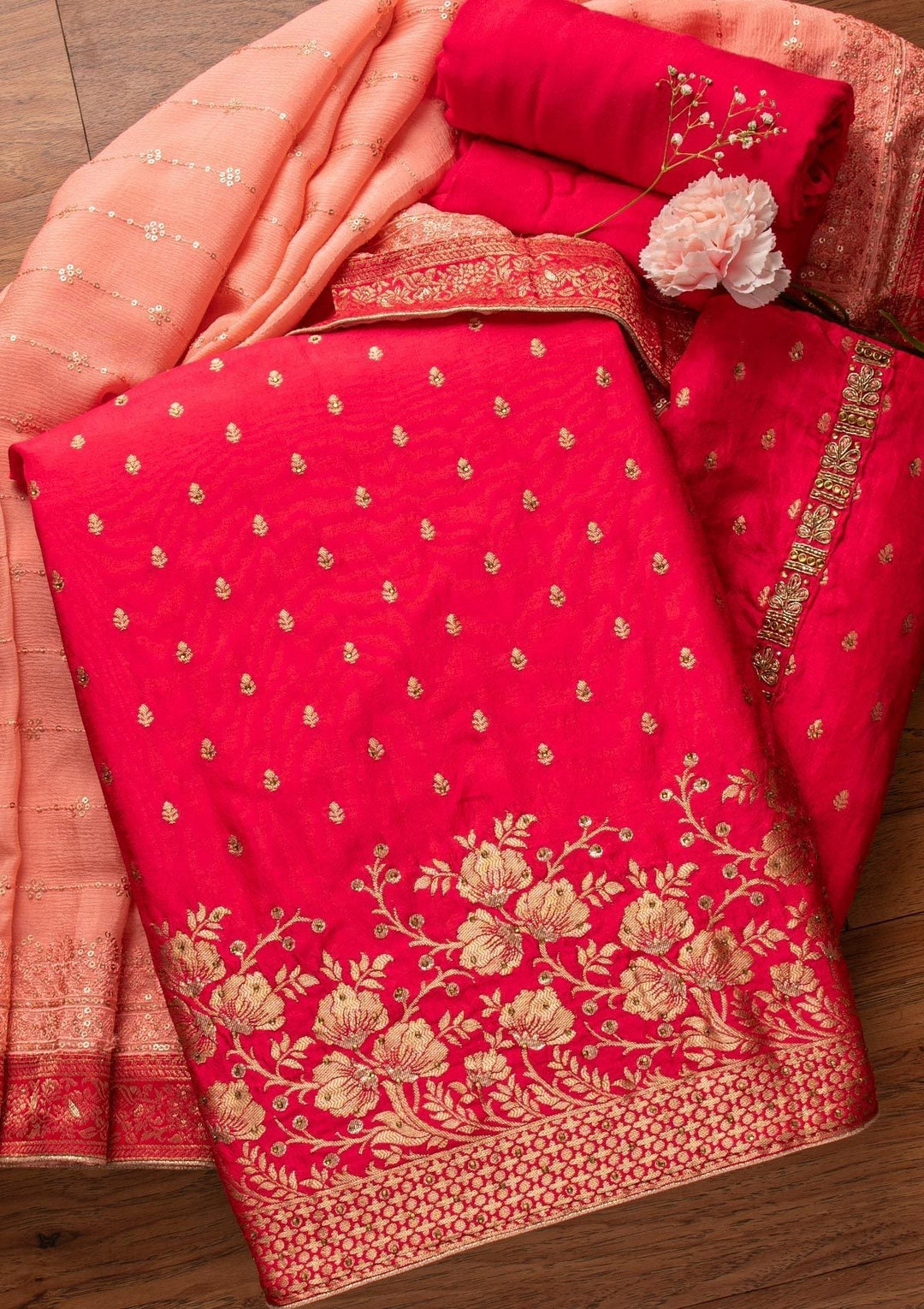 Rani Pink Zariwork Semi Crepe Designer Unstitched Salwar Suit - koskii