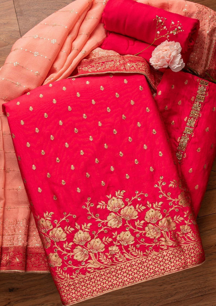 Rani Pink Zariwork Semi Crepe Designer Unstitched Salwar Suit - koskii