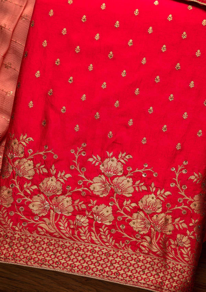 Rani Pink Zariwork Semi Crepe Designer Unstitched Salwar Suit - koskii