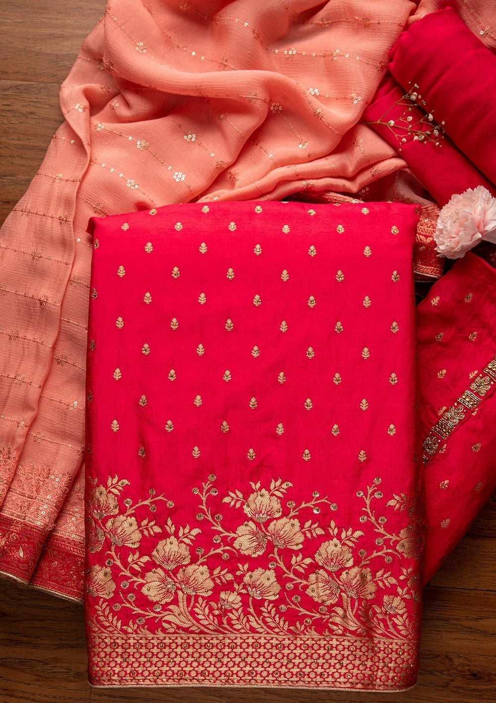 Rani Pink Zariwork Semi Crepe Designer Unstitched Salwar Suit - koskii