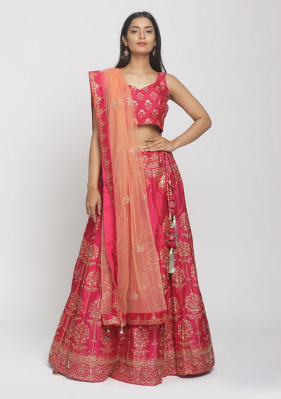 Rani Pink Cutdana Art Silk Designer Semi-Stitched Lehenga - koskii