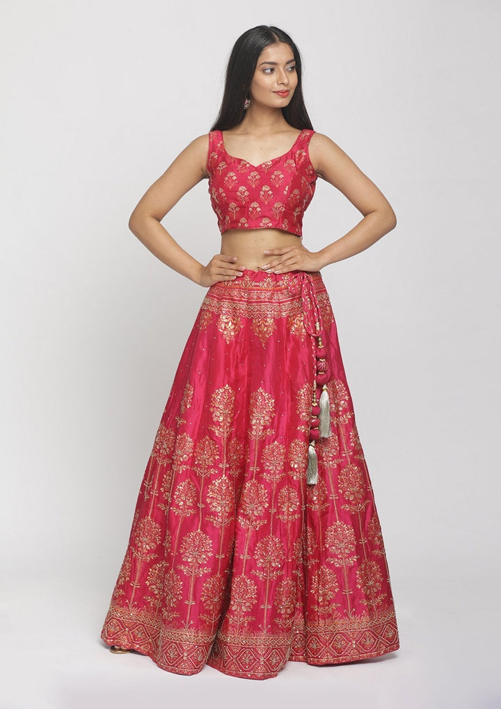 Rani Pink Cutdana Art Silk Designer Semi-Stitched Lehenga - koskii