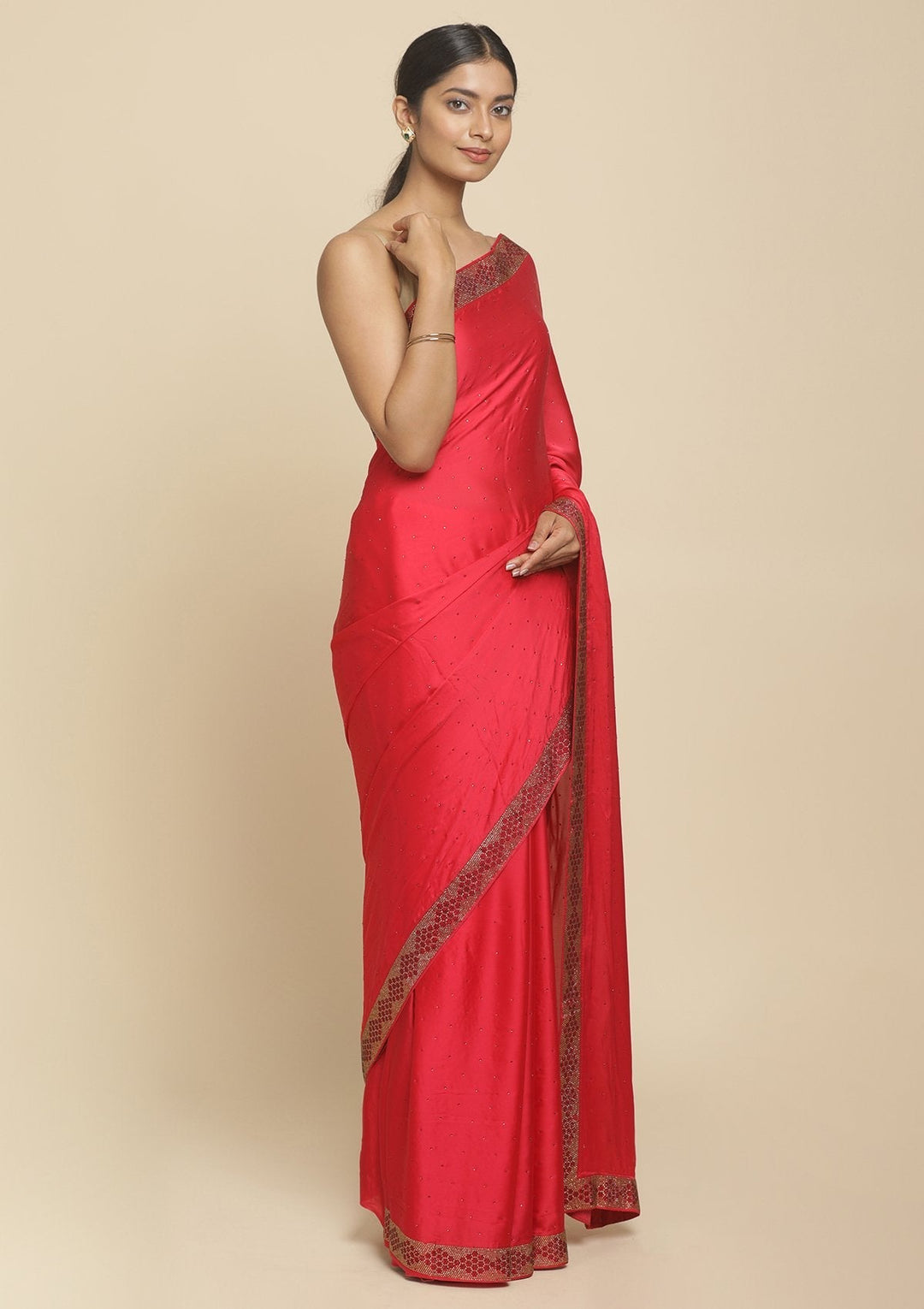 Rani Pink Swarovski  Satin Designer Saree - koskii