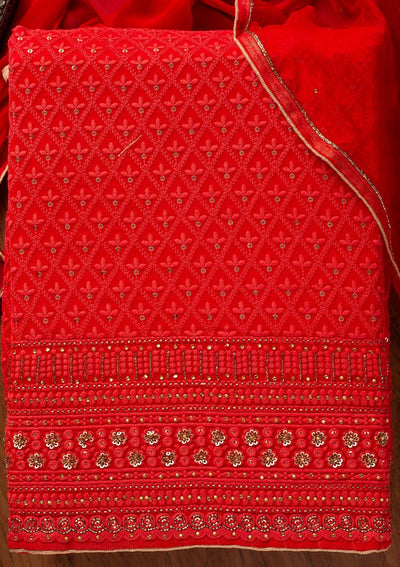 Red Chikankari Georgette Designer Unstitched Salwar Suit - koskii