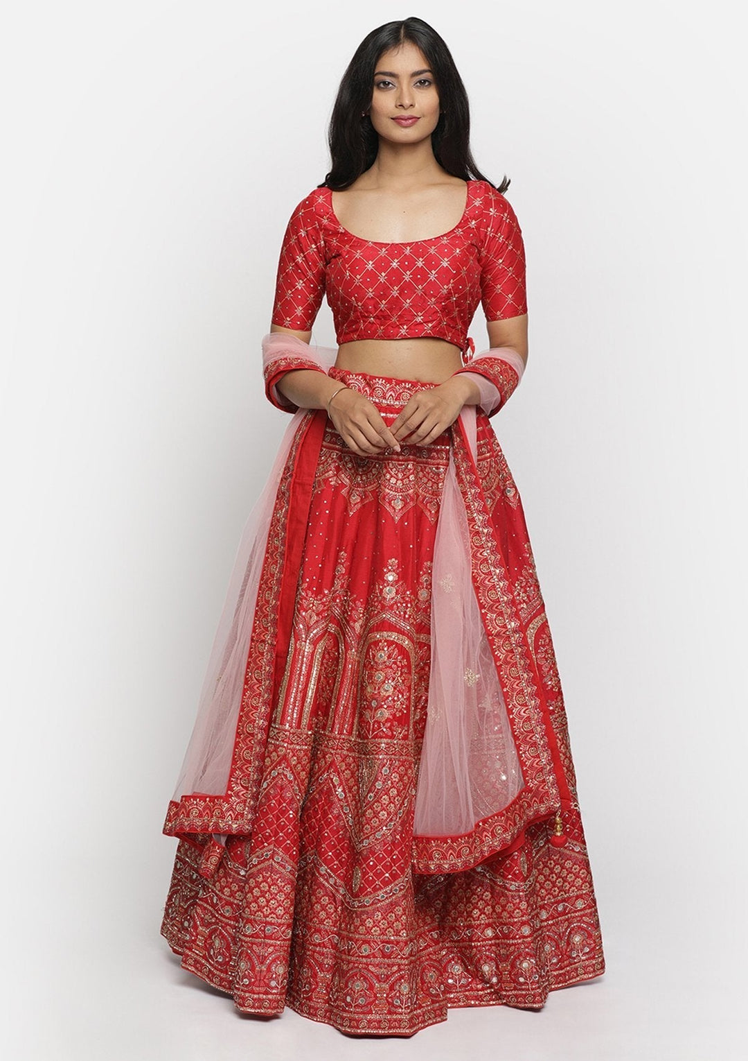 Red Gotapatti Art Silk Designer lehenga - koskii
