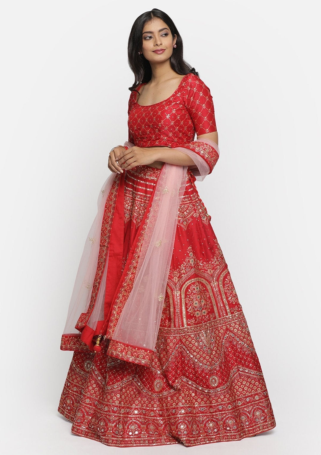 Red Gotapatti Art Silk Designer lehenga - koskii