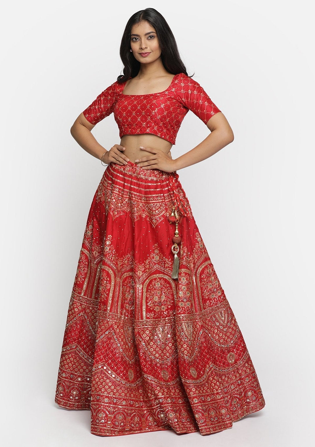 Red Gotapatti Art Silk Designer lehenga - koskii