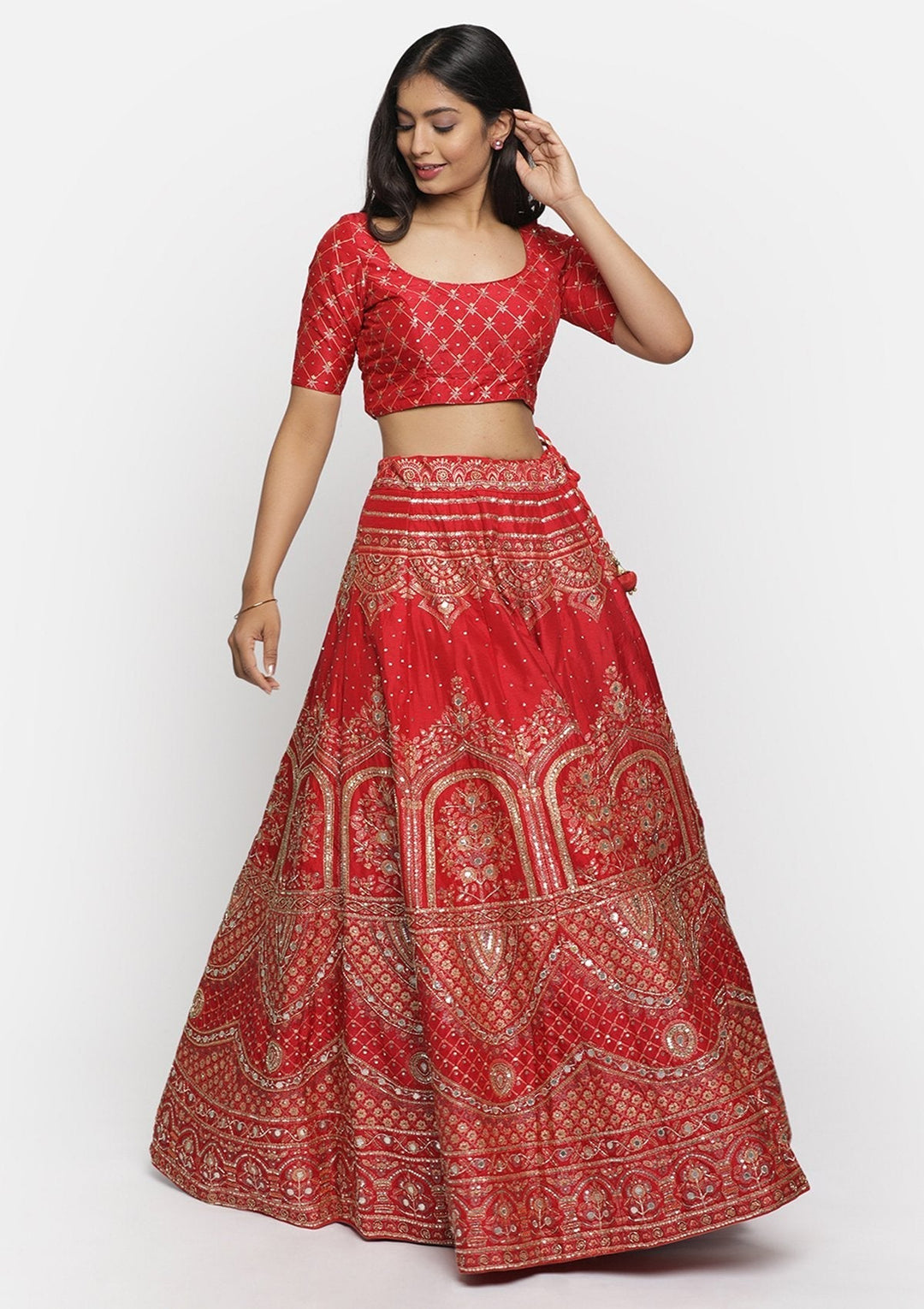 Red Gotapatti Art Silk Designer lehenga - koskii