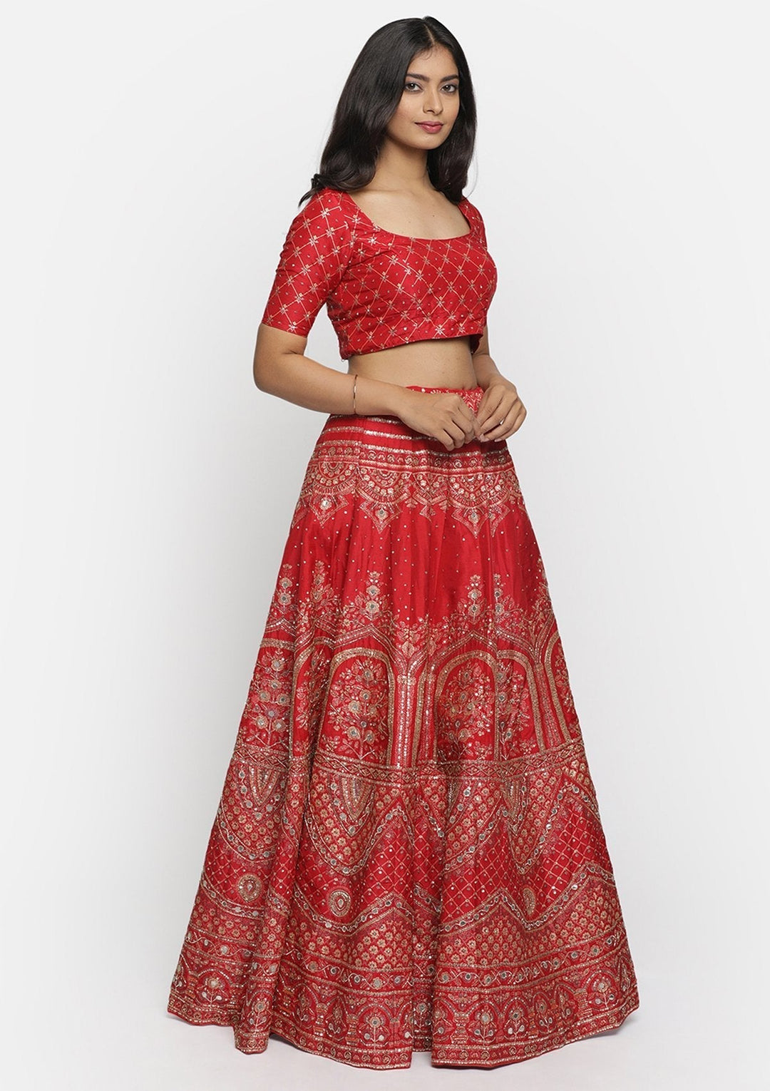 Red Gotapatti Art Silk Designer lehenga - koskii