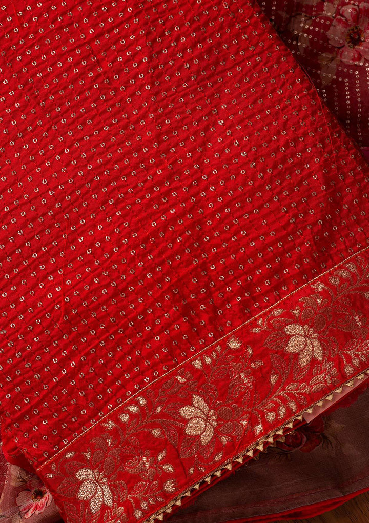 Red Sequins Satin Designer Unstitched Salwar Suit - koskii