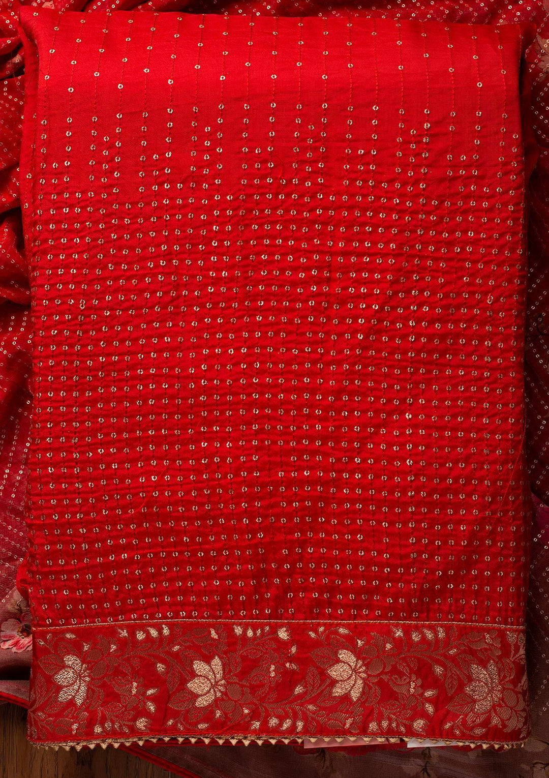 Red Sequins Satin Designer Unstitched Salwar Suit - koskii