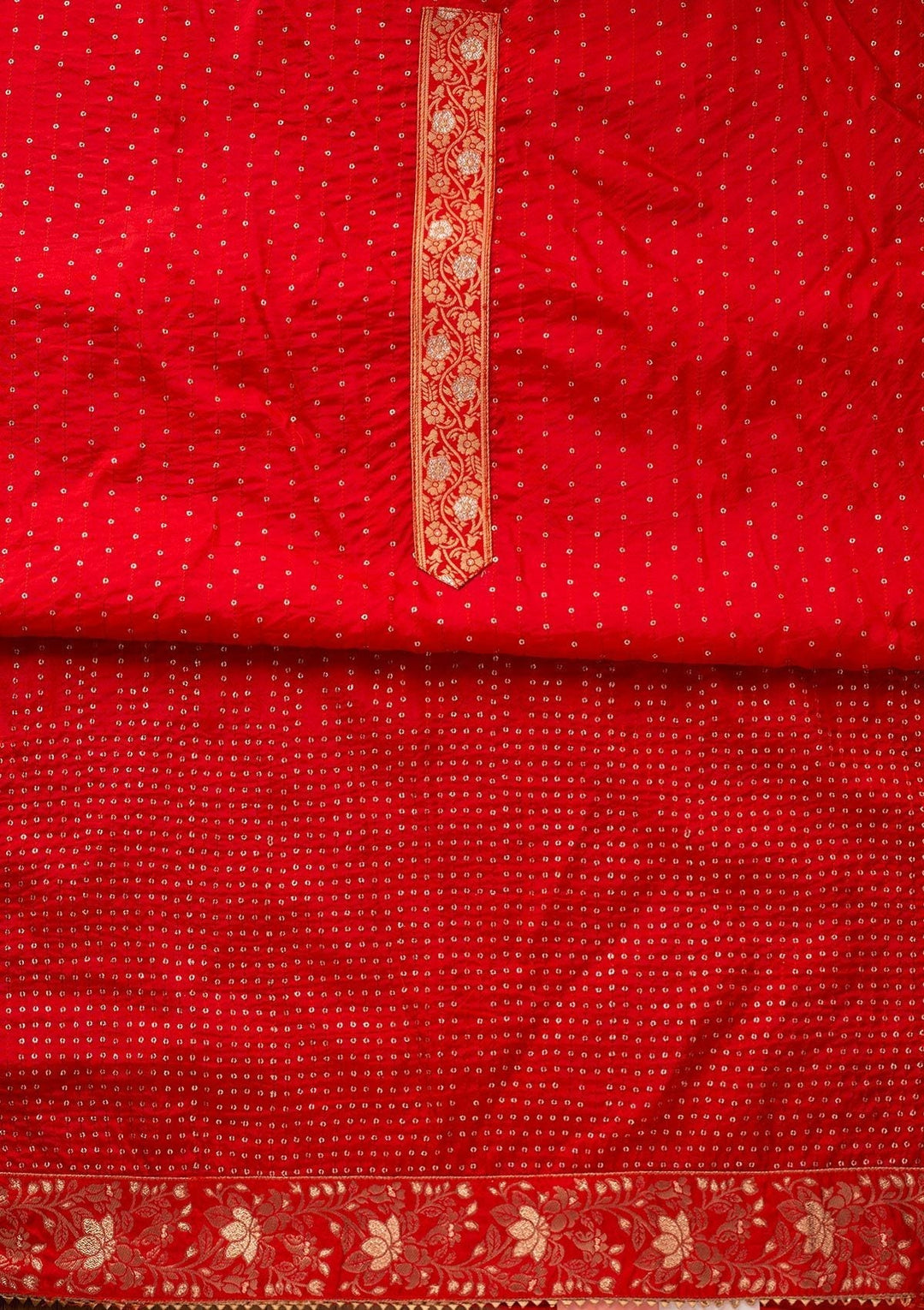 Red Sequins Satin Designer Unstitched Salwar Suit - koskii