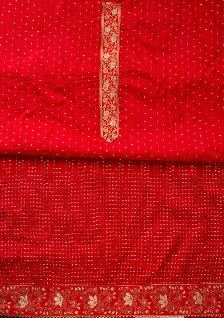 Red Sequins Satin Designer Unstitched Salwar Suit - koskii