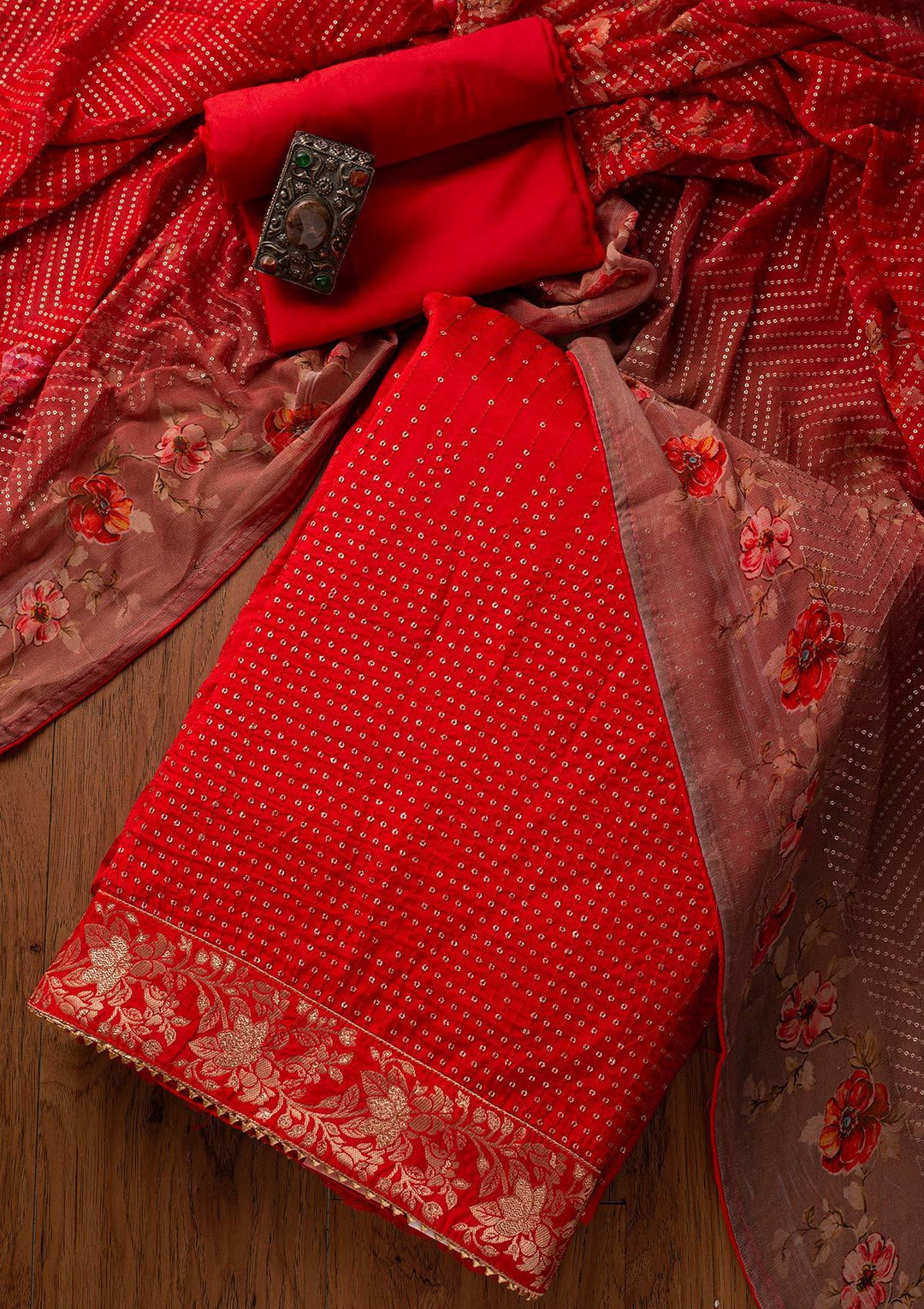 Red Sequins Satin Designer Unstitched Salwar Suit - koskii