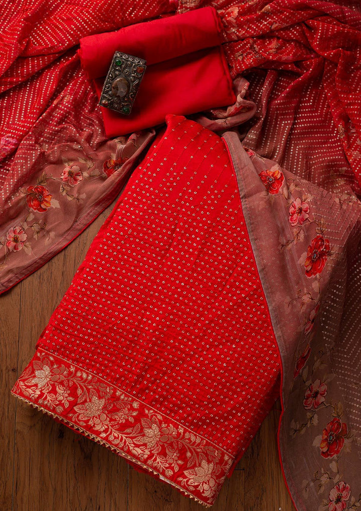 Red Sequins Satin Designer Unstitched Salwar Suit - koskii