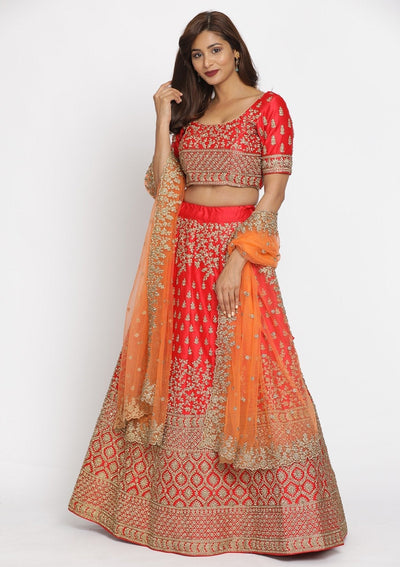 Red Stonework Satin Designer Semi-Stitched Lehenga - koskii